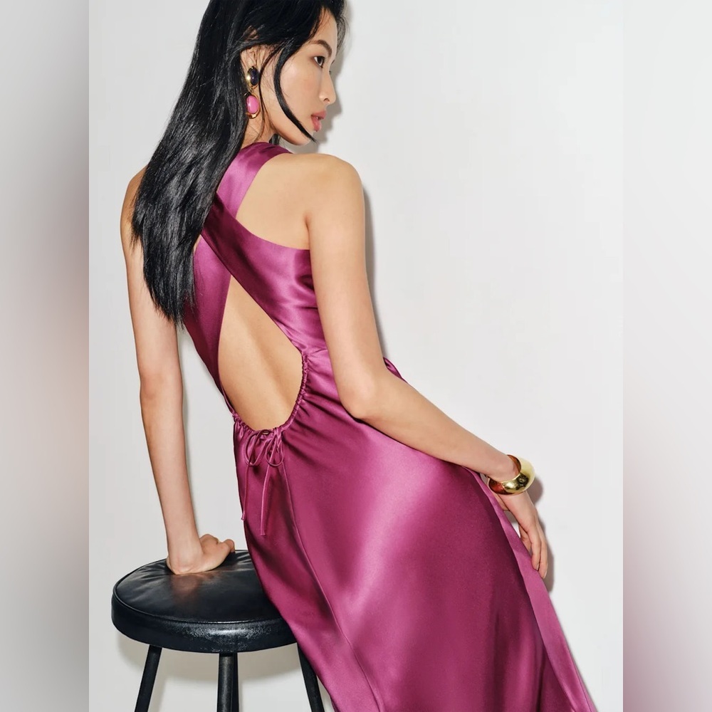 NEW Reformation Anaiis Long Silk Dress Hibiscus Tea Dark Pink Magenta | US 2 UK6 - Picture 6 of 16